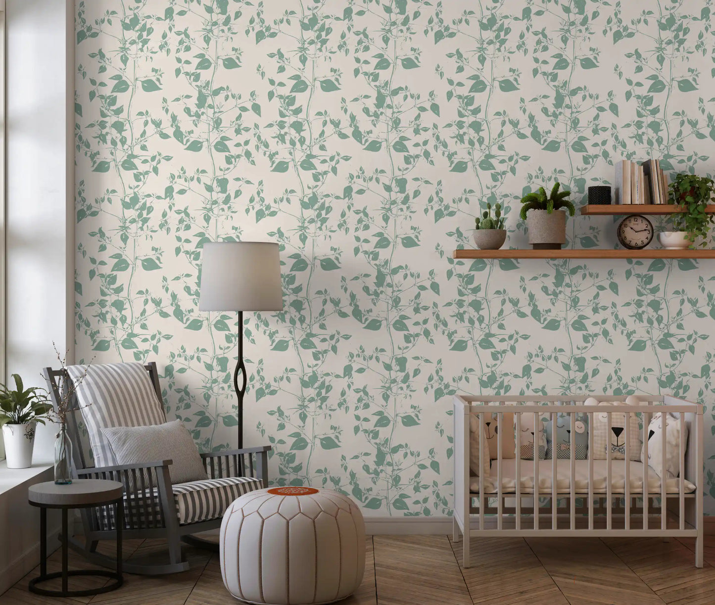 Cream and Sage Leaf Sketch Wallpaper⁠