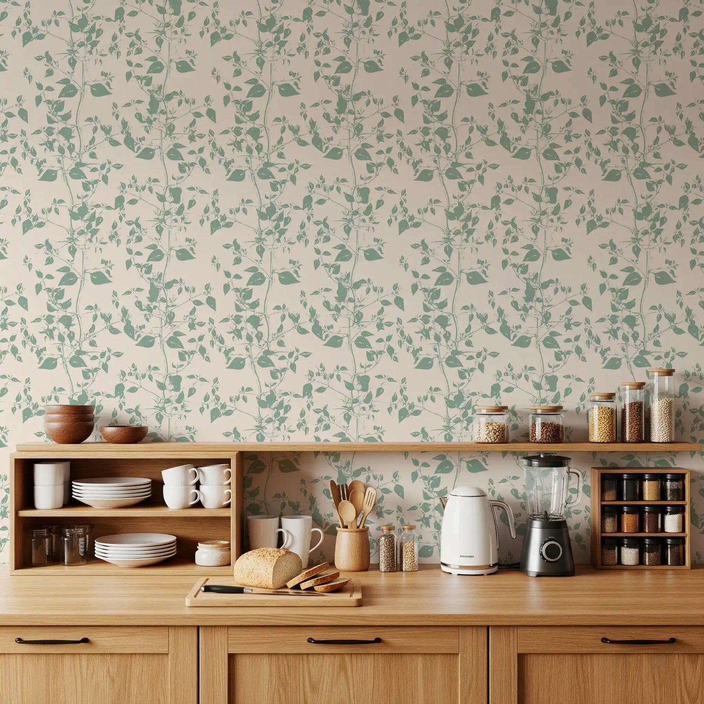 Cream and Sage Leaf Sketch Wallpaper⁠