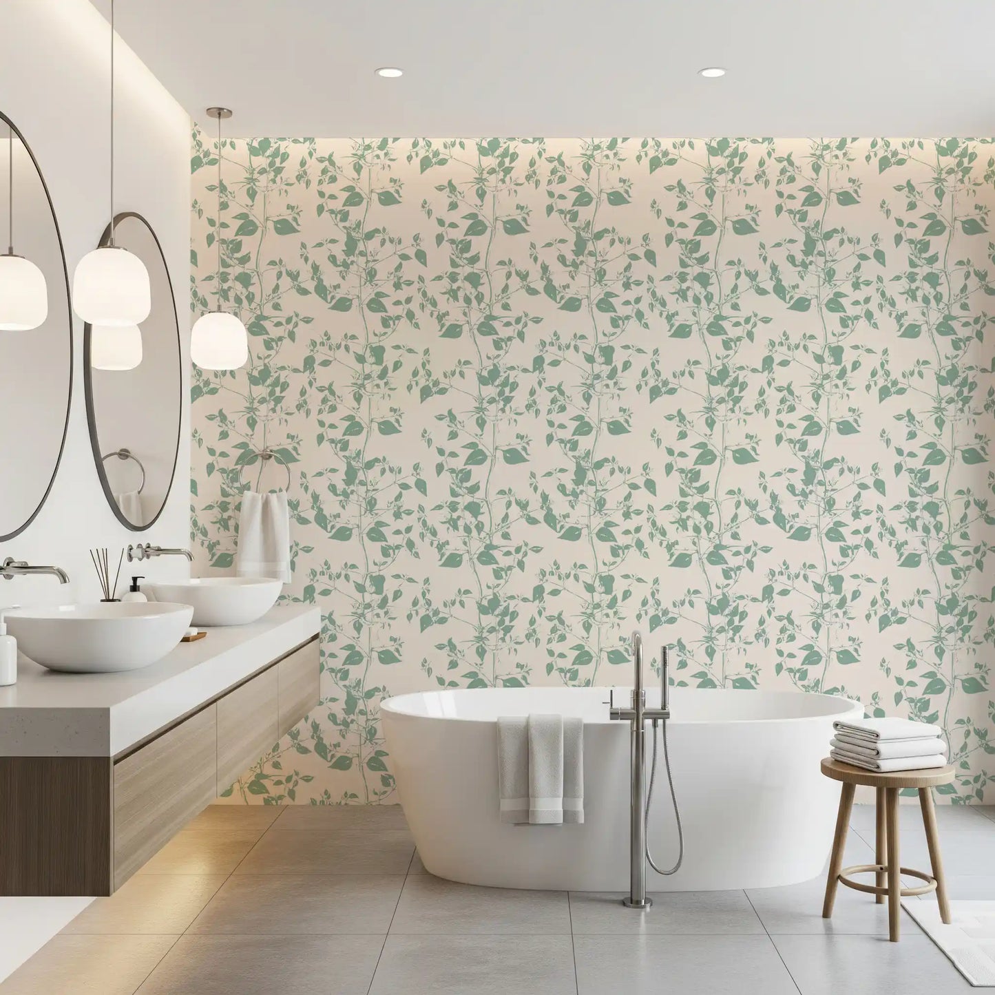 Cream and Sage Leaf Sketch Wallpaper⁠