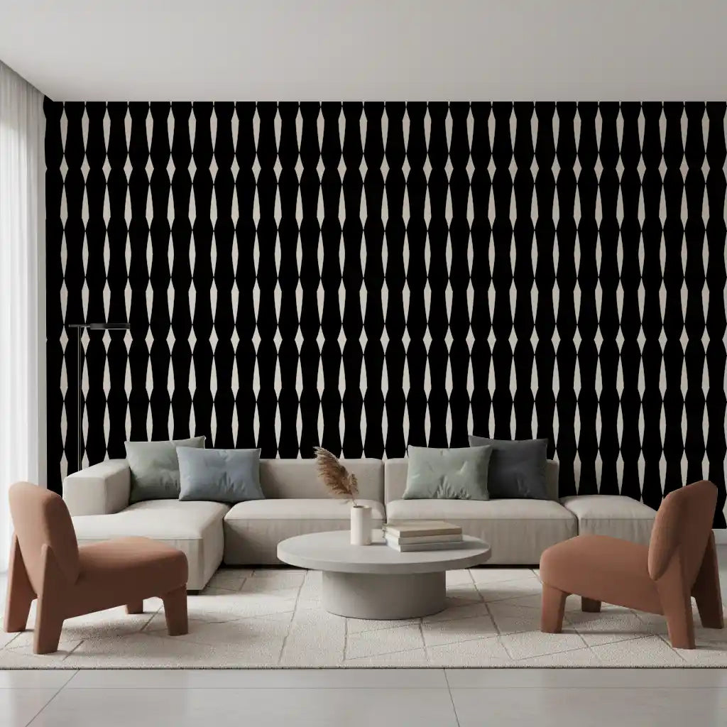 Living room wrapped in black-and-cream geometric column wallpaper GD11621
