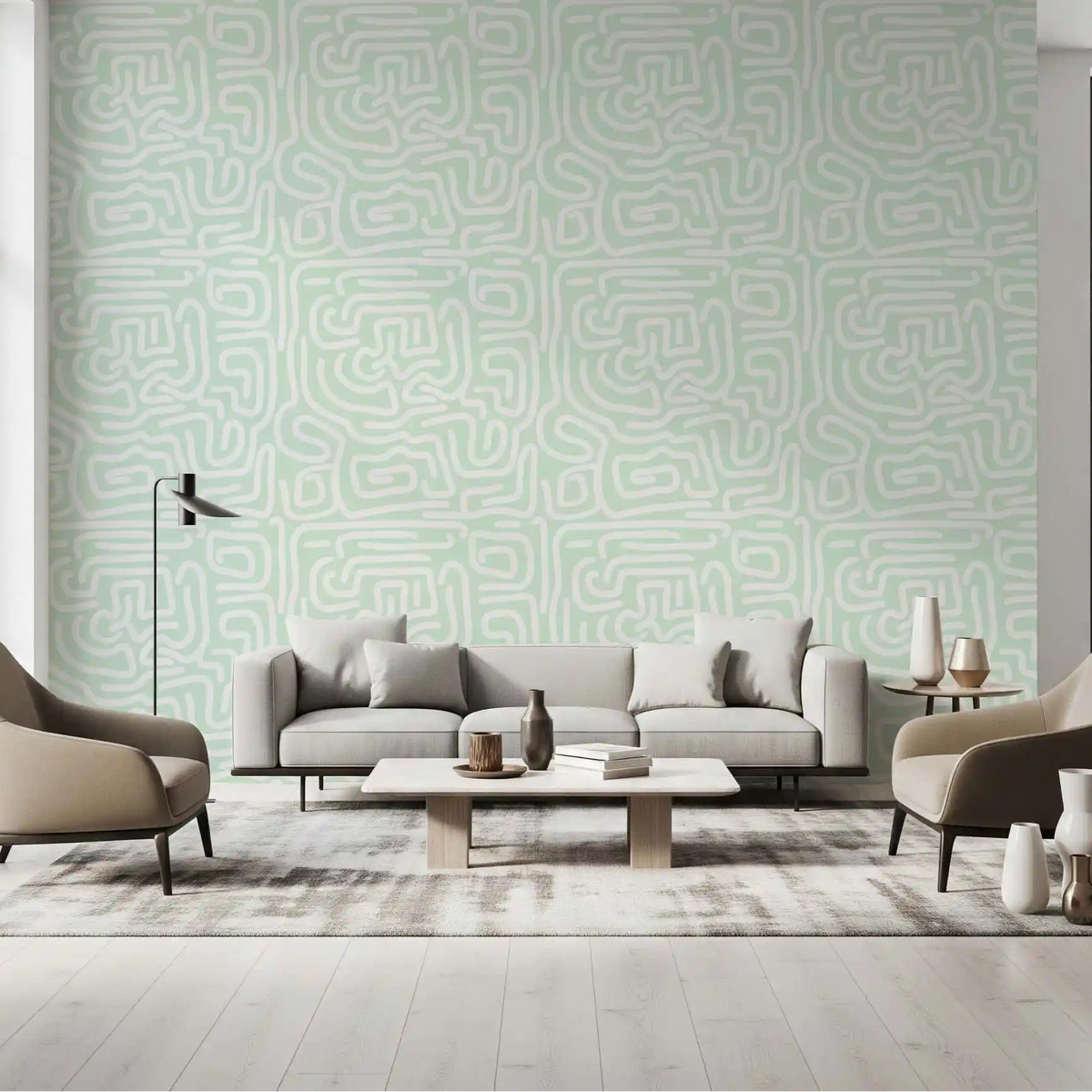 Wavy white lines wander over a living room, Abstract Mint Flow wallpaper GD11623

