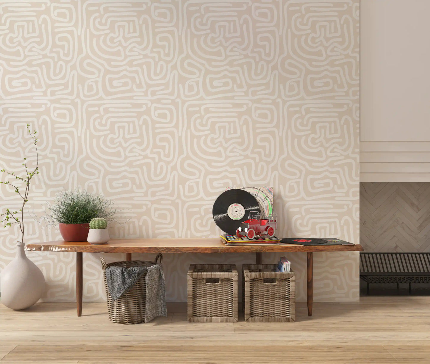 Abstract Cream Maze Pattern Wallpaper⁠