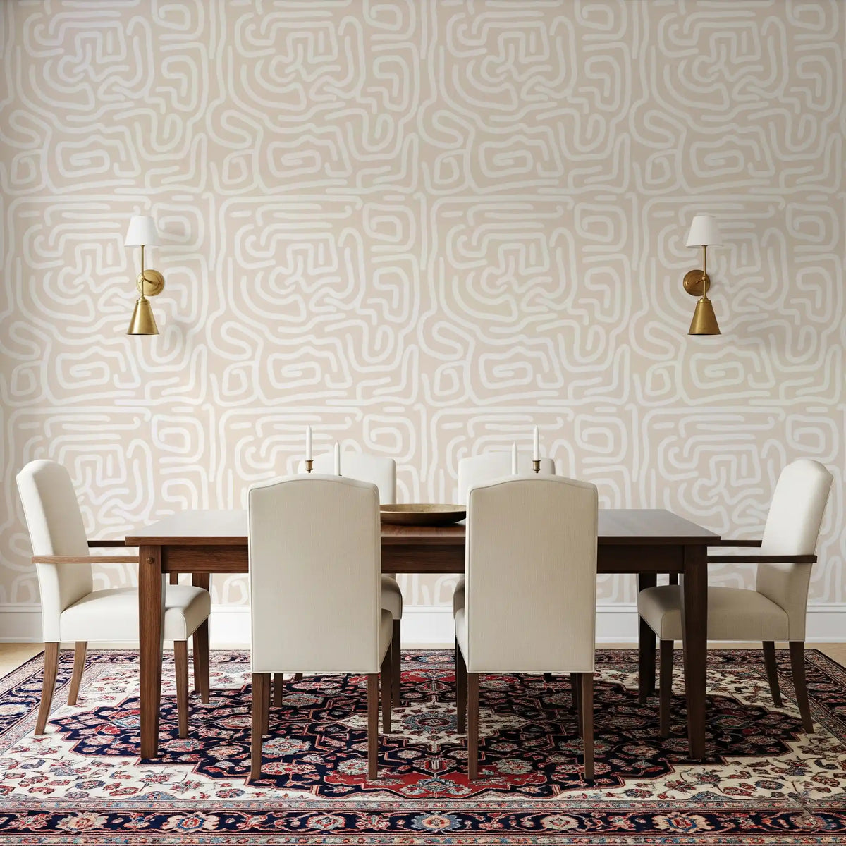Maze linework covering a dining room, abstract cream wallpaper GD11624
