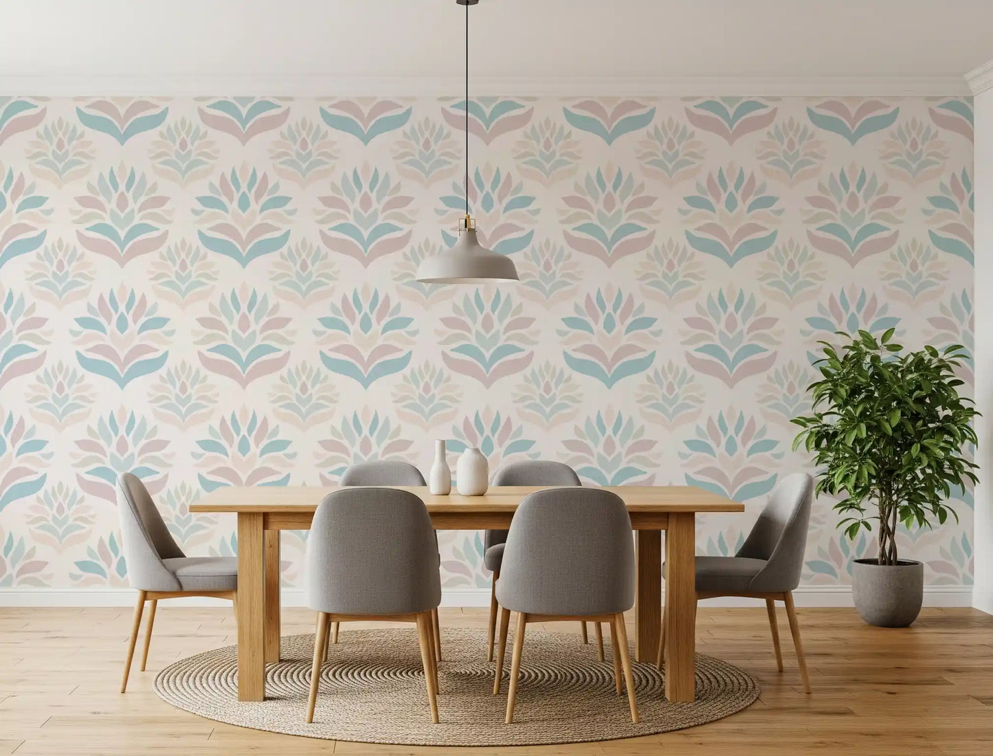 Papier peint botanique minimaliste rose poudré et bleu⁠