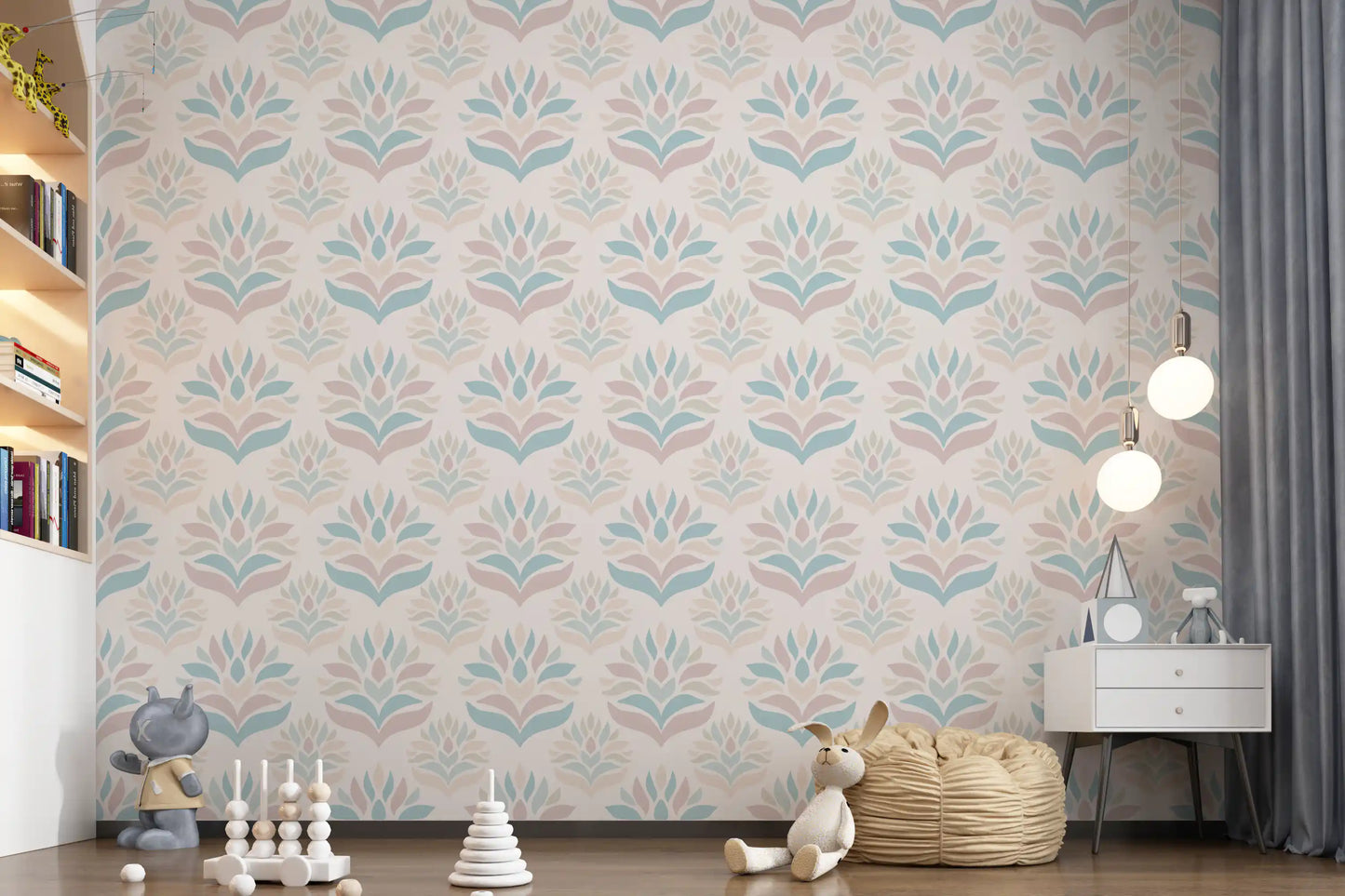 Papier peint botanique minimaliste rose poudré et bleu⁠