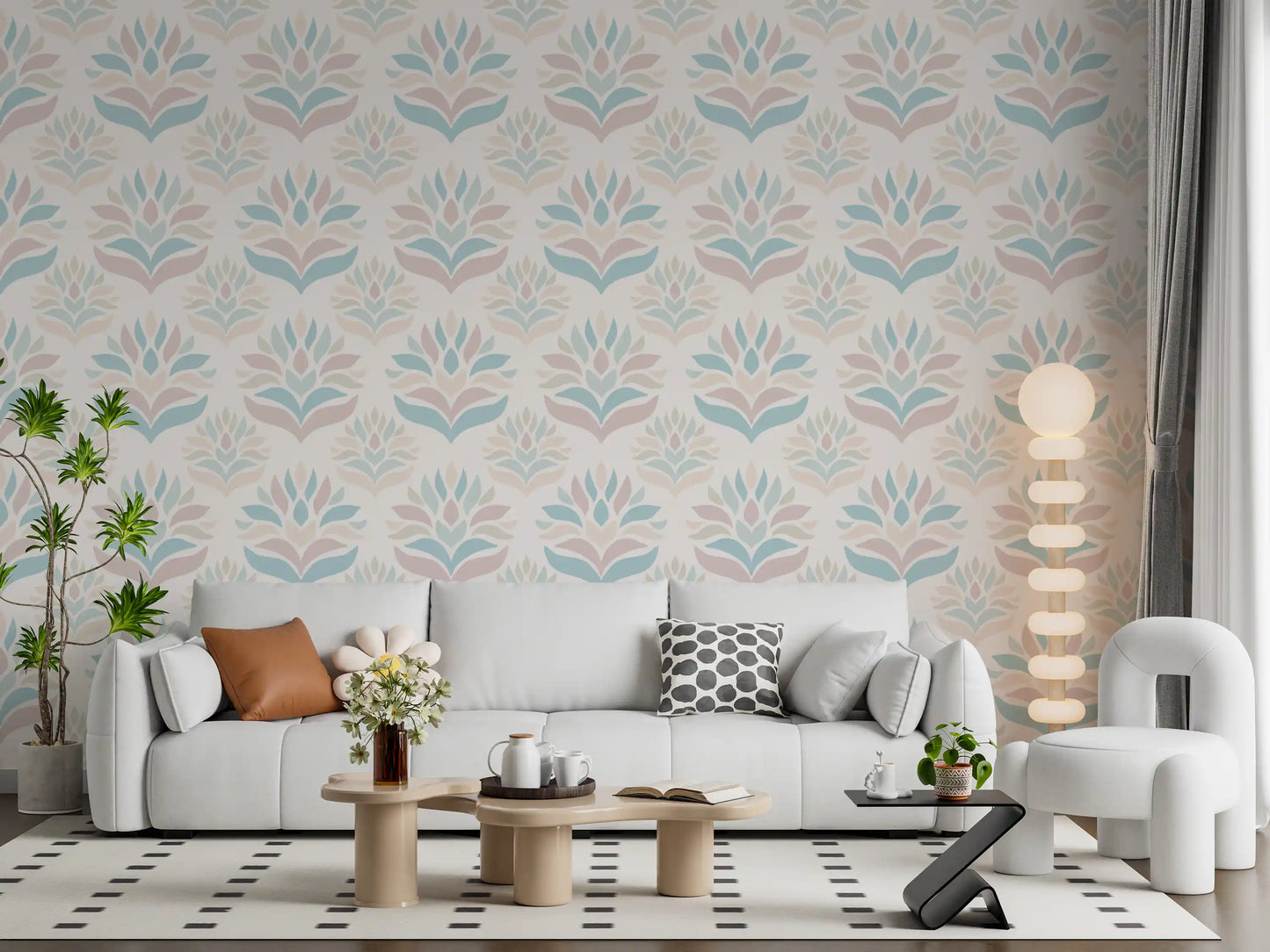 Papier peint botanique minimaliste rose poudré et bleu⁠