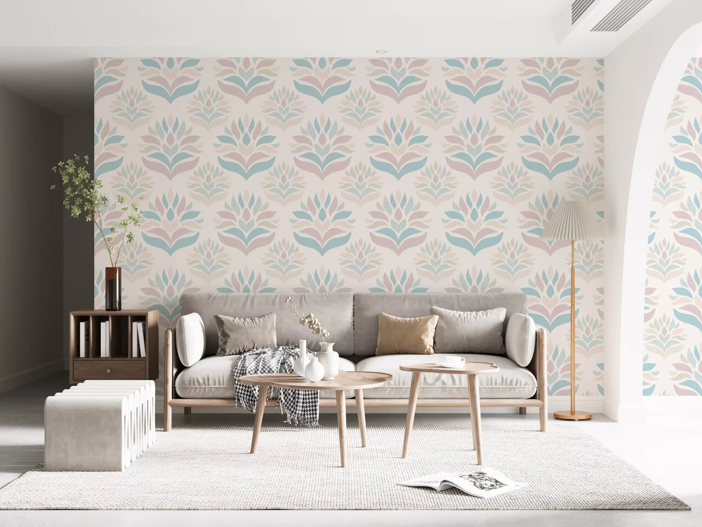 Papier peint botanique minimaliste rose poudré et bleu⁠