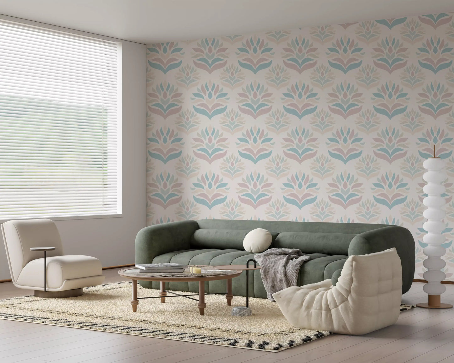 Papier peint botanique minimaliste rose poudré et bleu⁠