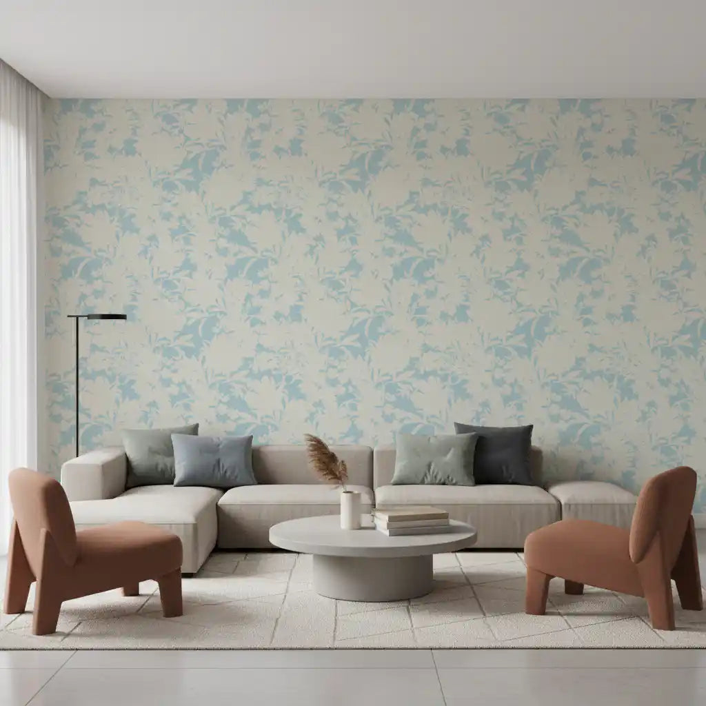 Luftiges Creme und Blaues Gartenmuster Tapete⁠