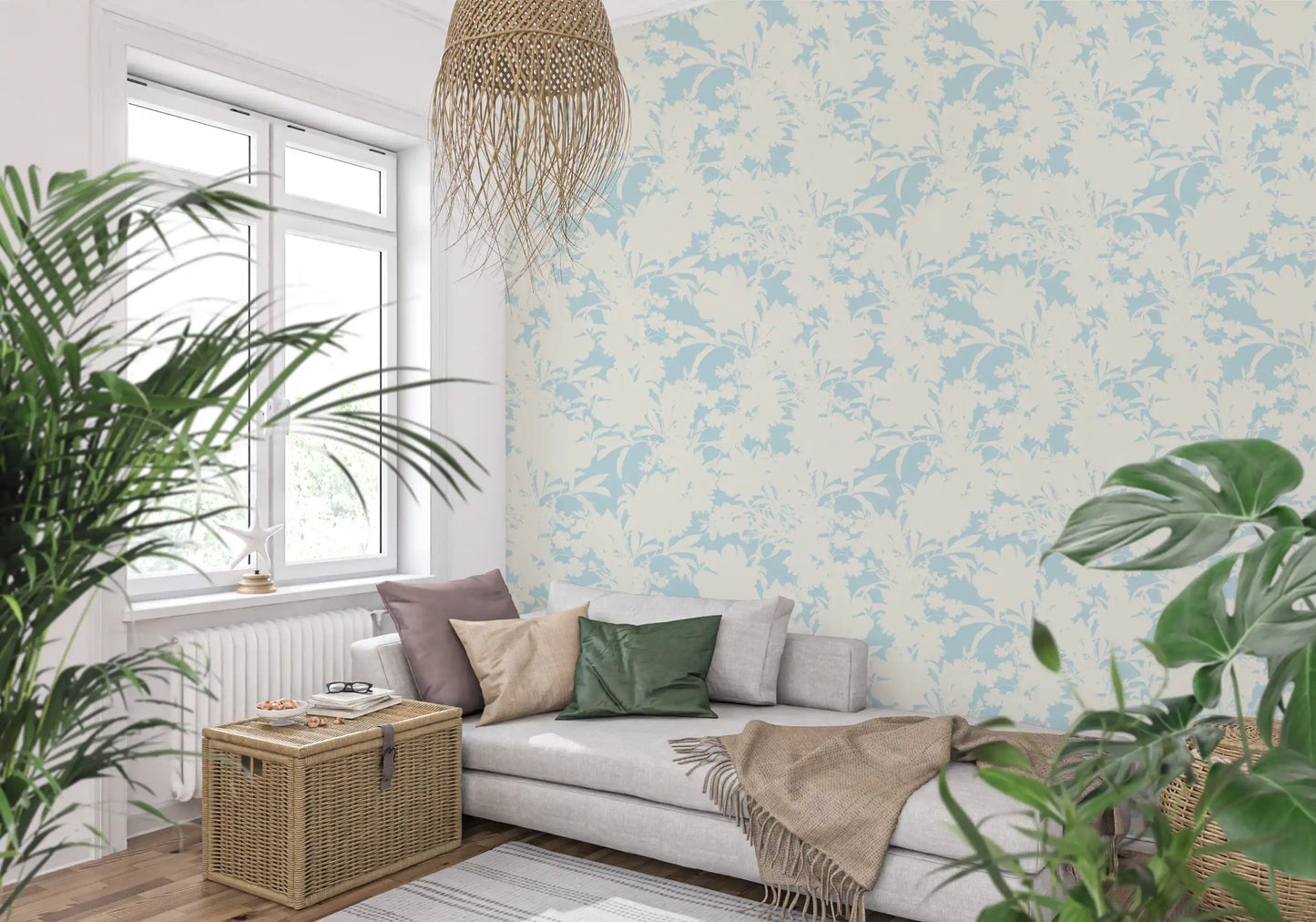 Luftiges Creme und Blaues Gartenmuster Tapete⁠