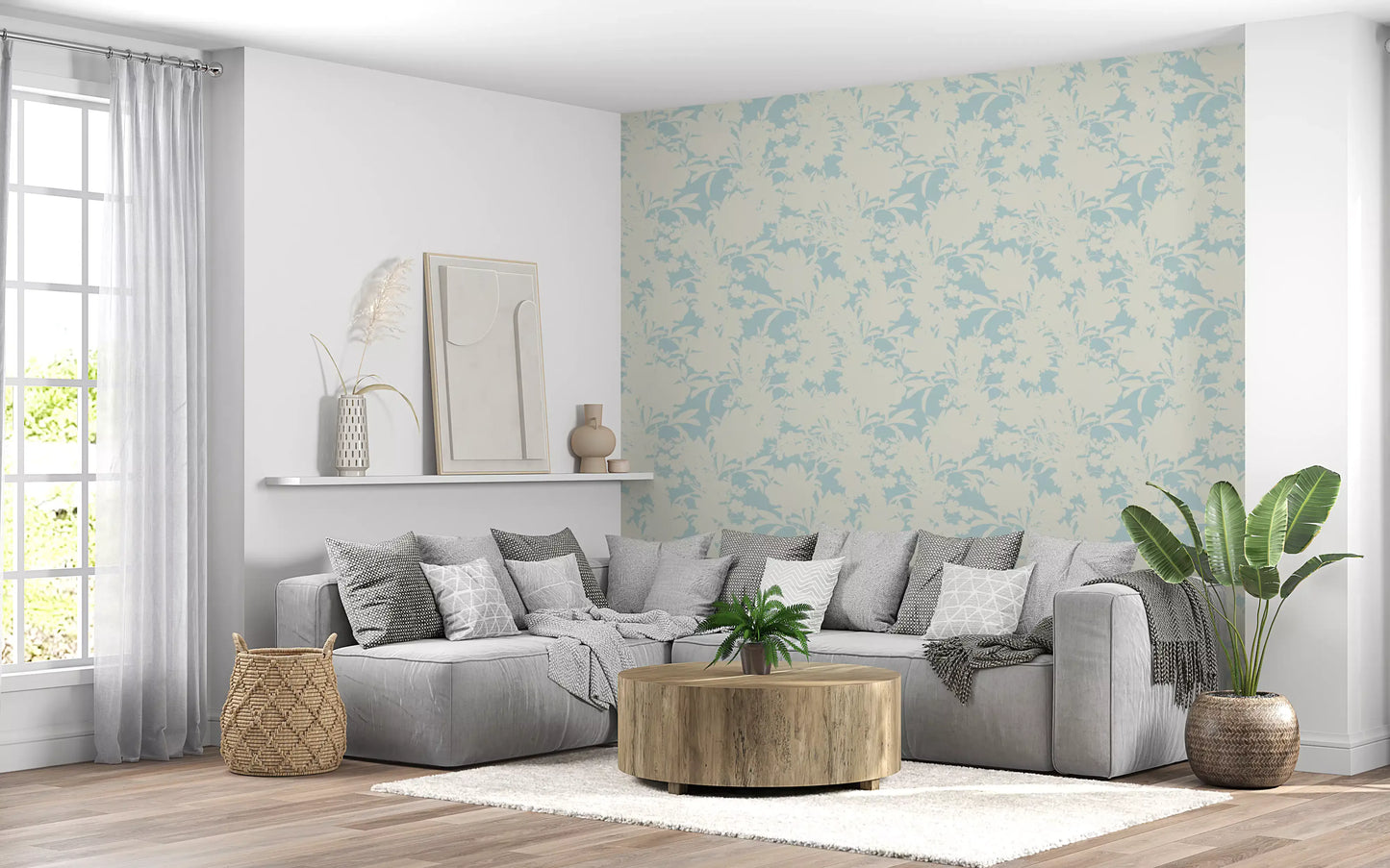 Luftiges Creme und Blaues Gartenmuster Tapete⁠