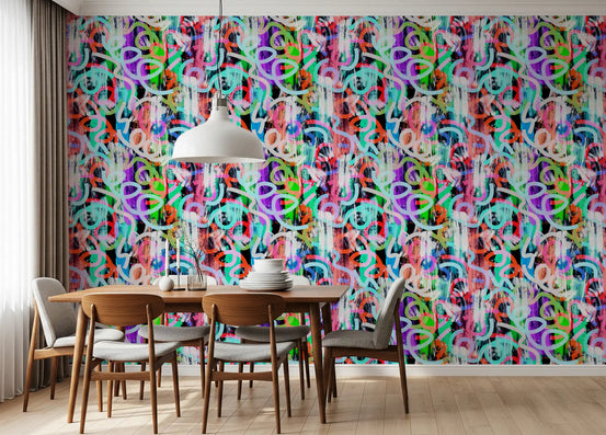 Looping graffiti colour livens up a Dining room in this Dynamic Loops wallpaper GD11632
