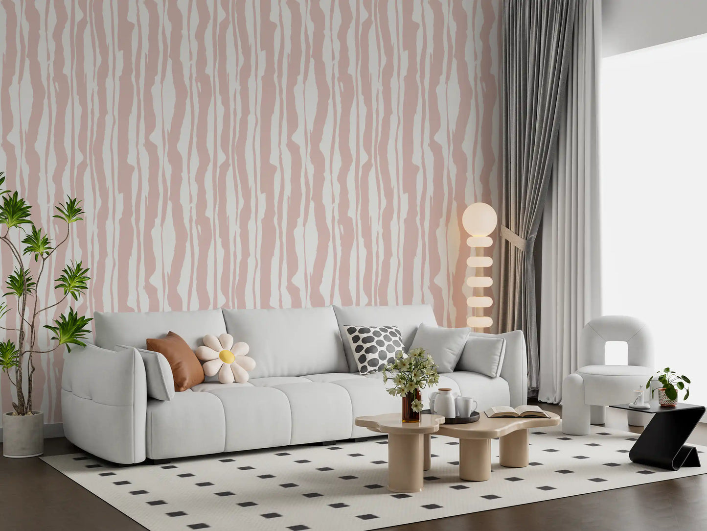 Papier peint à rayures peintes minimalistes couleur blush
