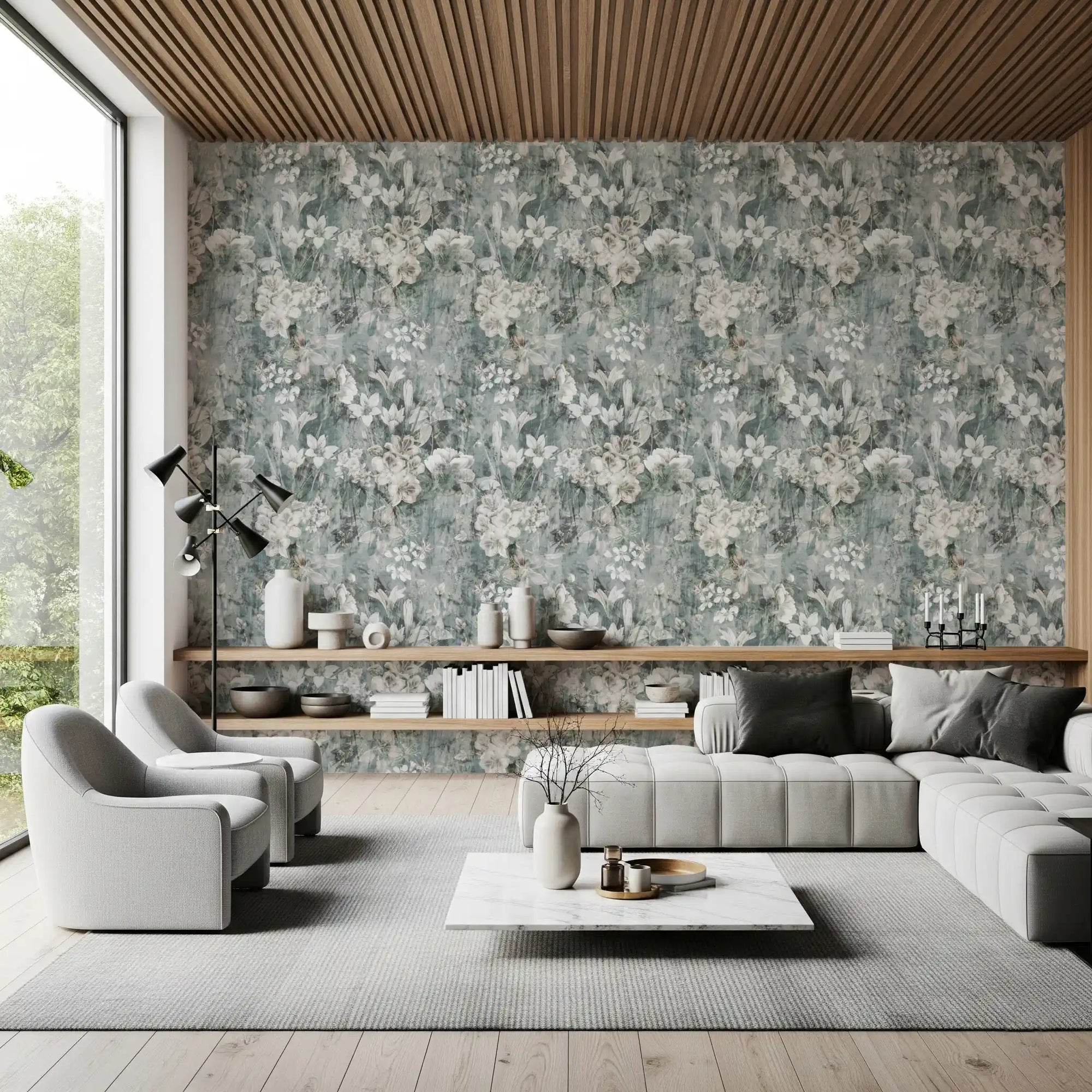 Living room styled around Muted Sage Botanical Bloom wallpaper GD11635

