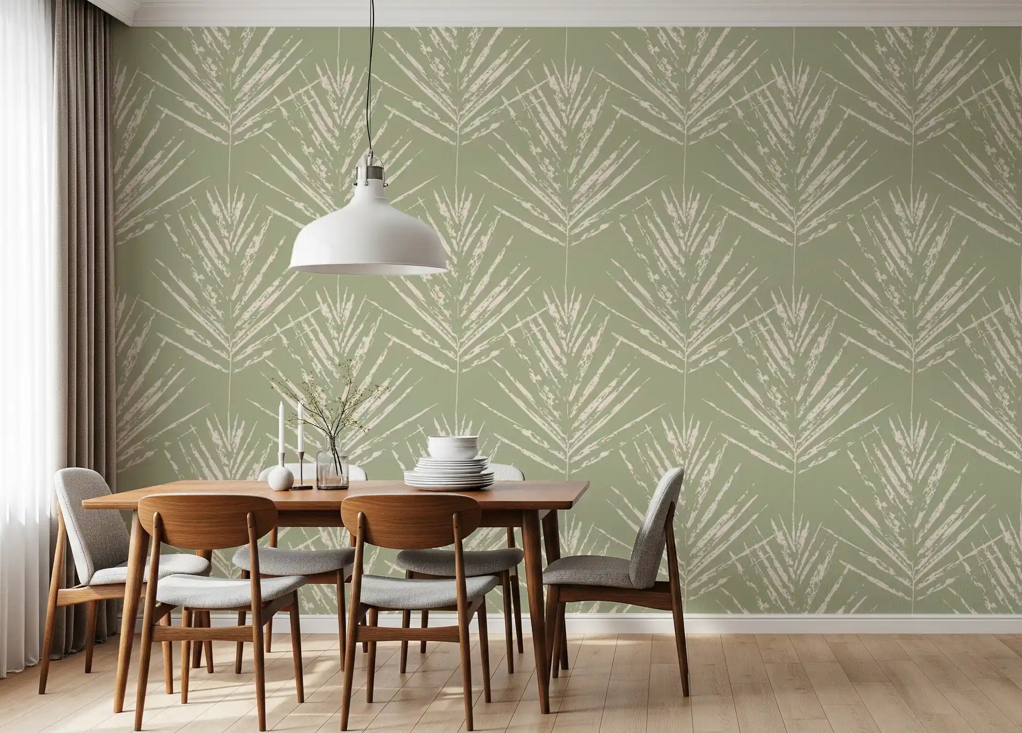 Dining room glows with ivory sketch fronds over a sage green wallpaper GD11636
