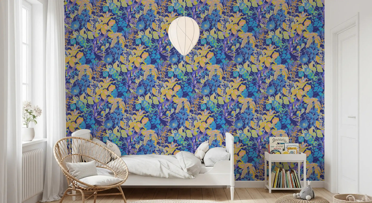Papier peint motif jardin néon vibrant