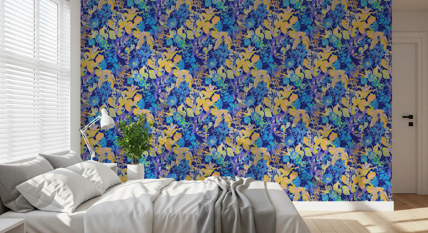 Papier peint motif jardin néon vibrant