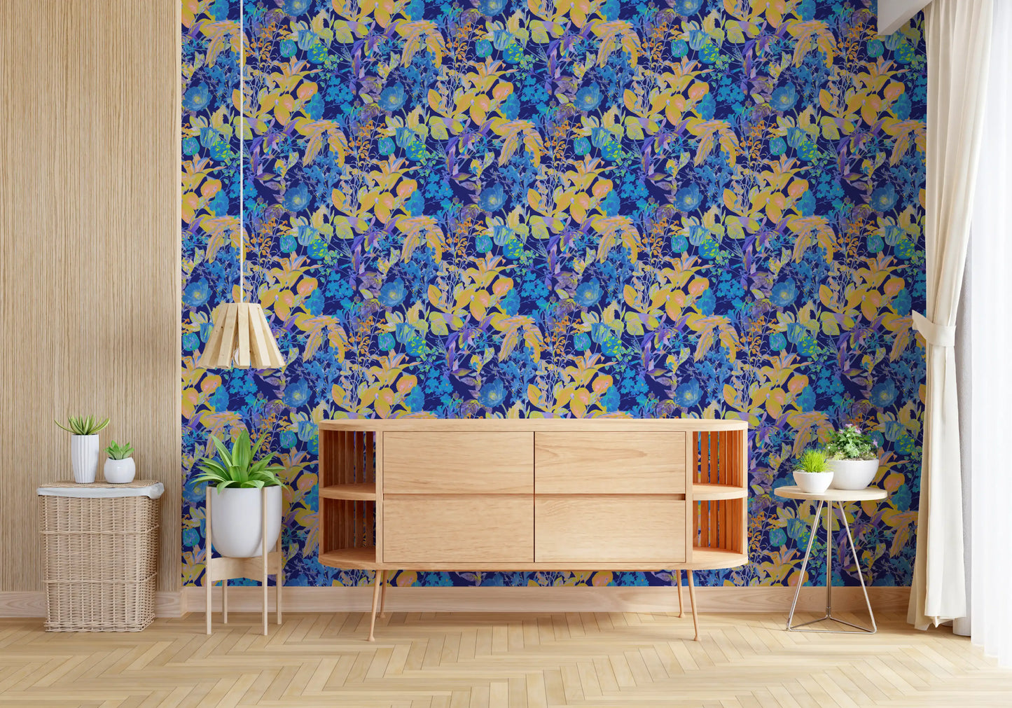 Papier peint motif jardin néon vibrant