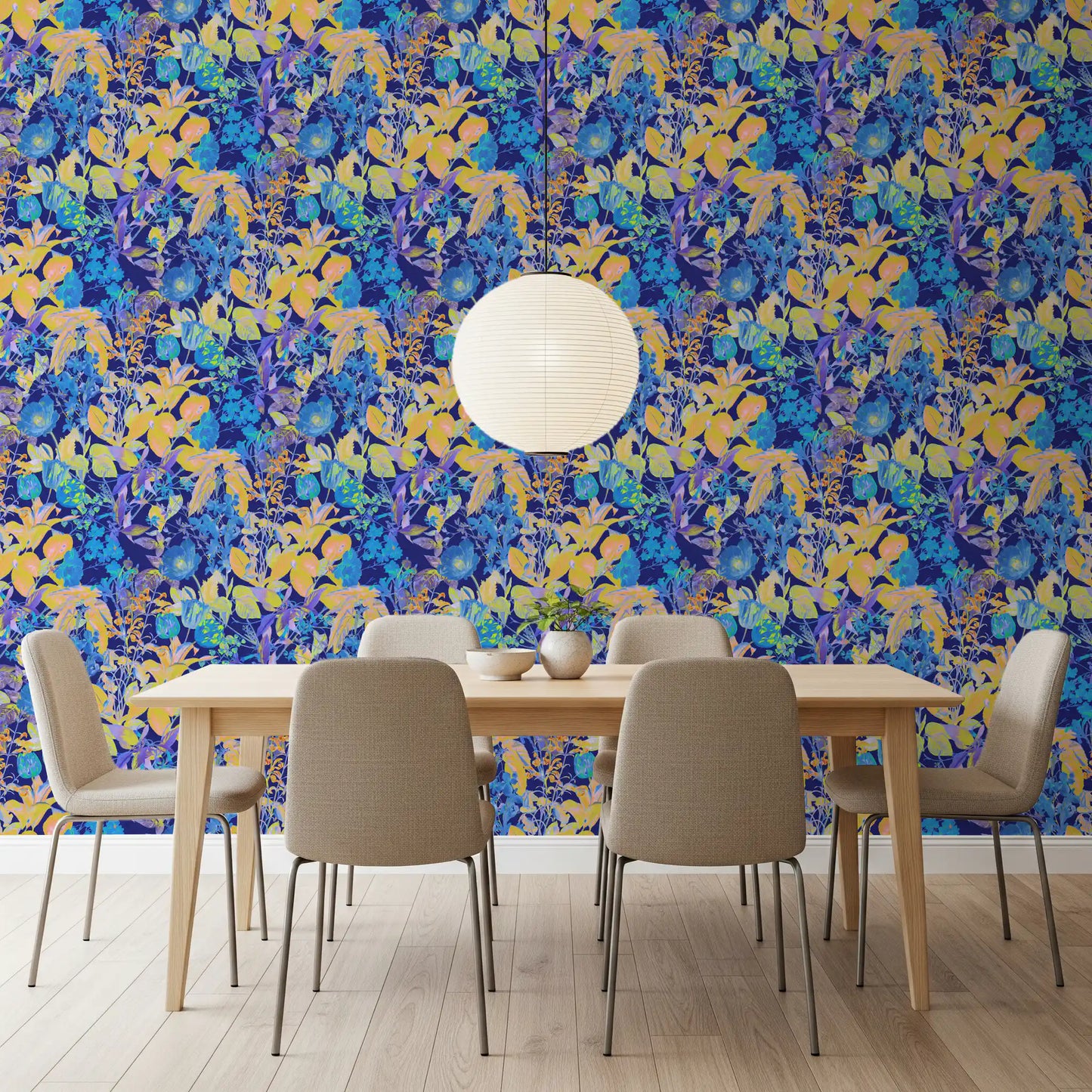 Papier peint motif jardin néon vibrant