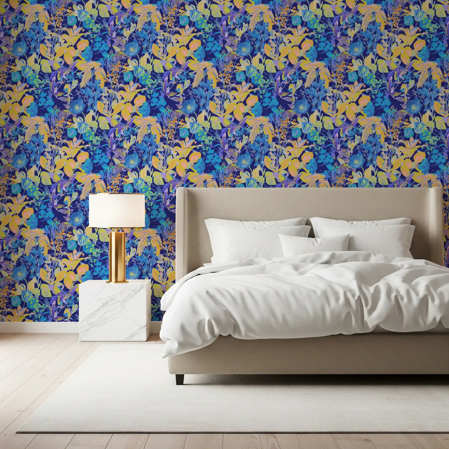 Papier peint motif jardin néon vibrant