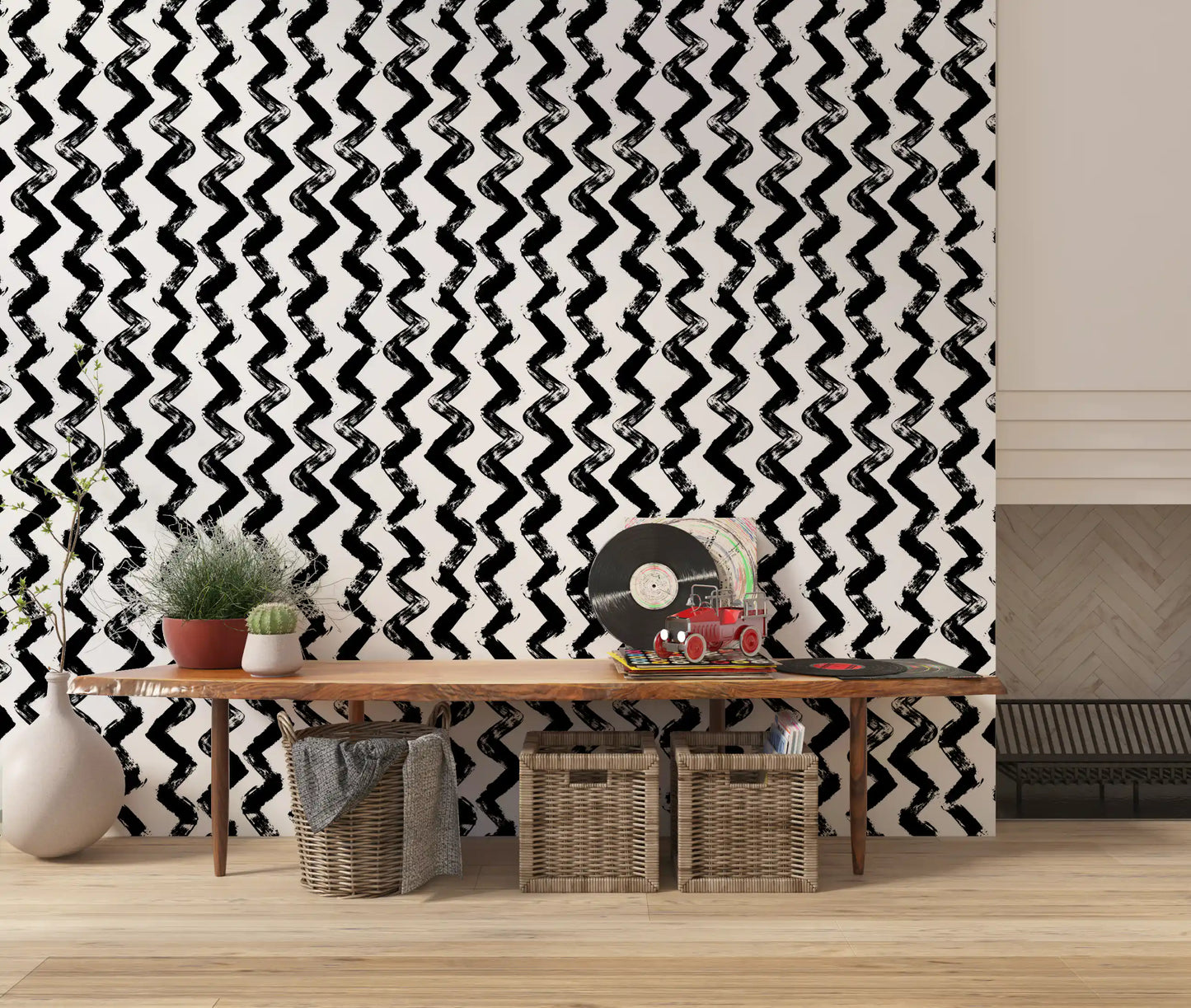 Tapet cu pensulări Chevron monocrome