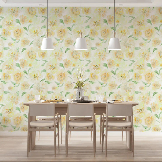 Yellow watercolor blooms warm a dining room in this Meadow floral wallpaper GD11644
