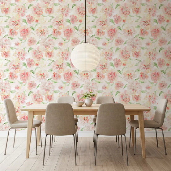 Dining room dressed in the Blush Garden painterly floral wallpaper GD11645
