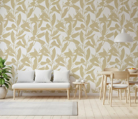 Warm Dining room glowing behind muted beige floral wallpaper GD11649
