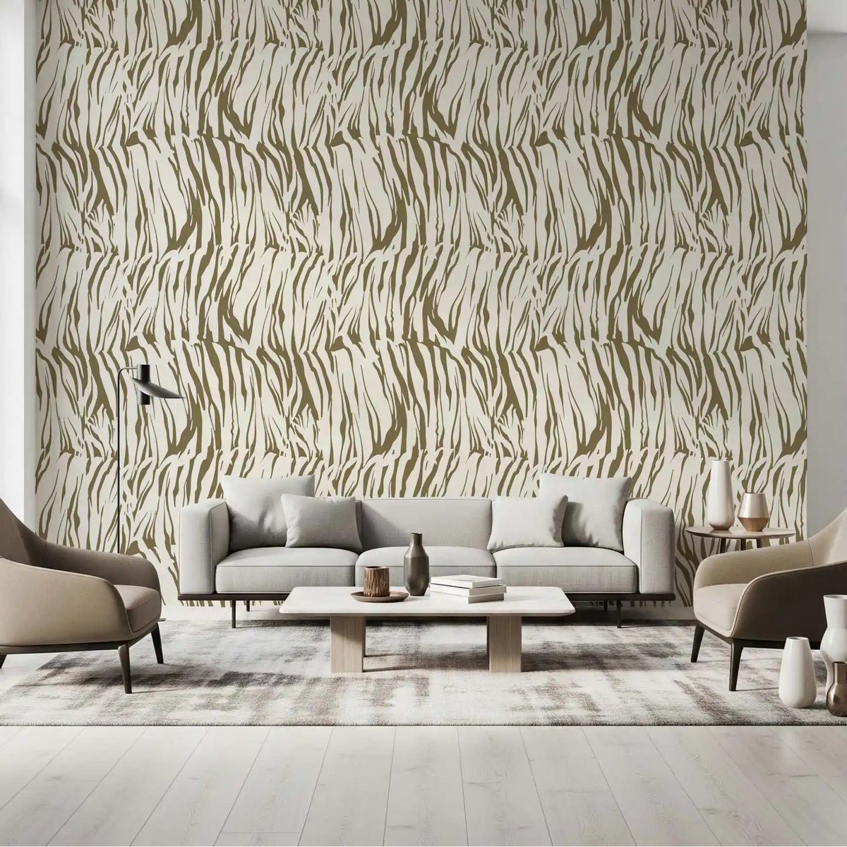 Olive strokes over abstract linear wallpaper warm the whole living room GD11651
