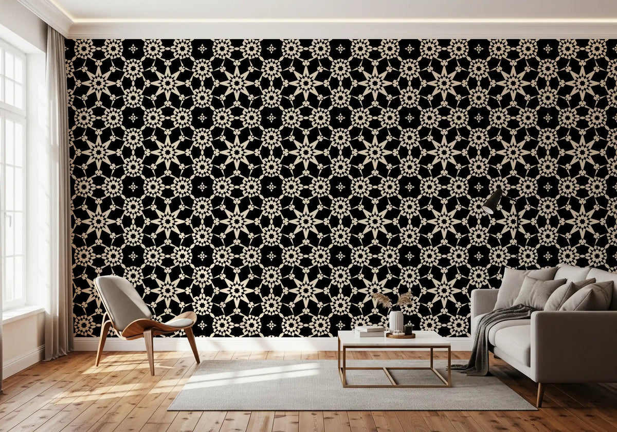 Cream star lattice patterns a living room in geometric arabesque wallpaper GD11652
