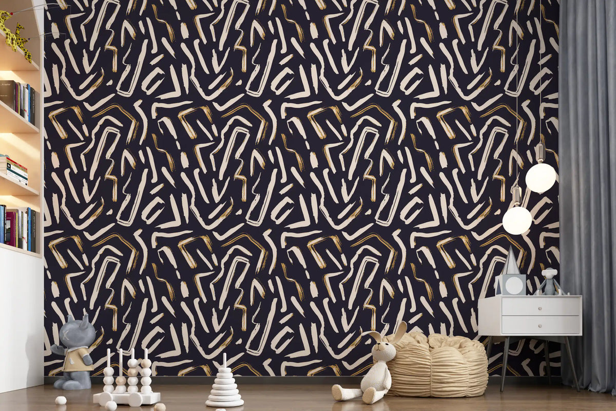 Dark gesture wallpaper lifts a styled nursery area with gold marks GD11653