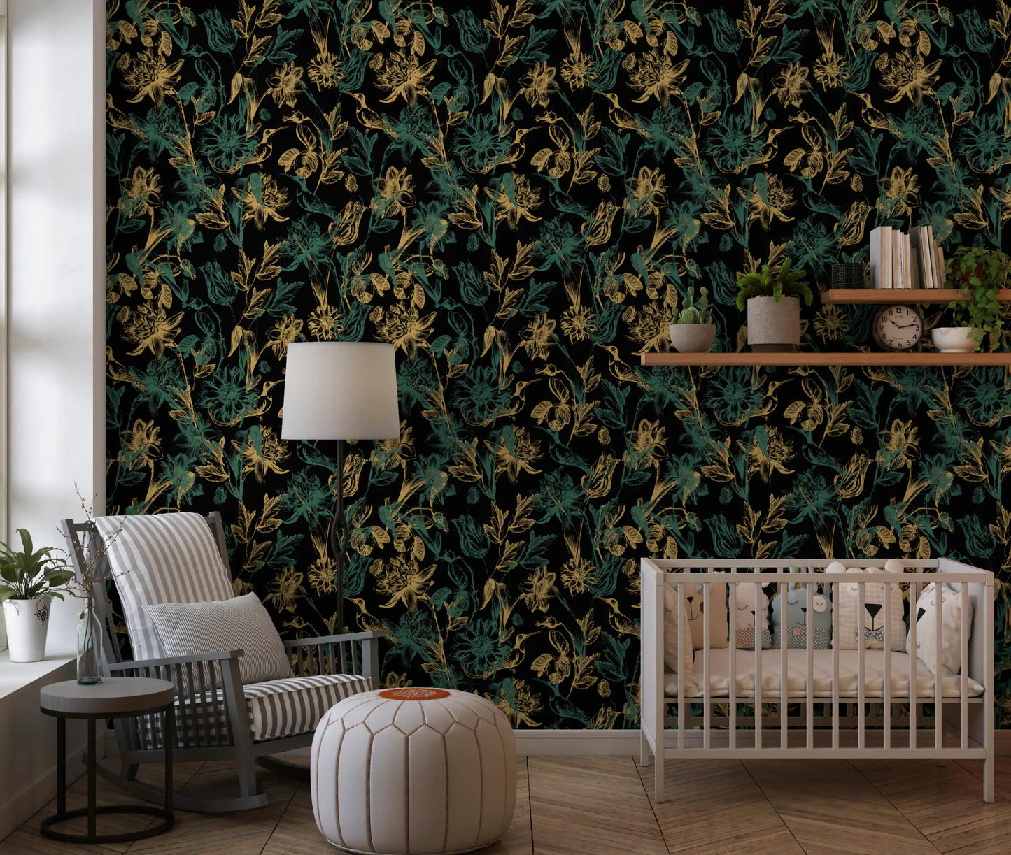 Tapete mit goldenem Laub und Kolibri-Motiv