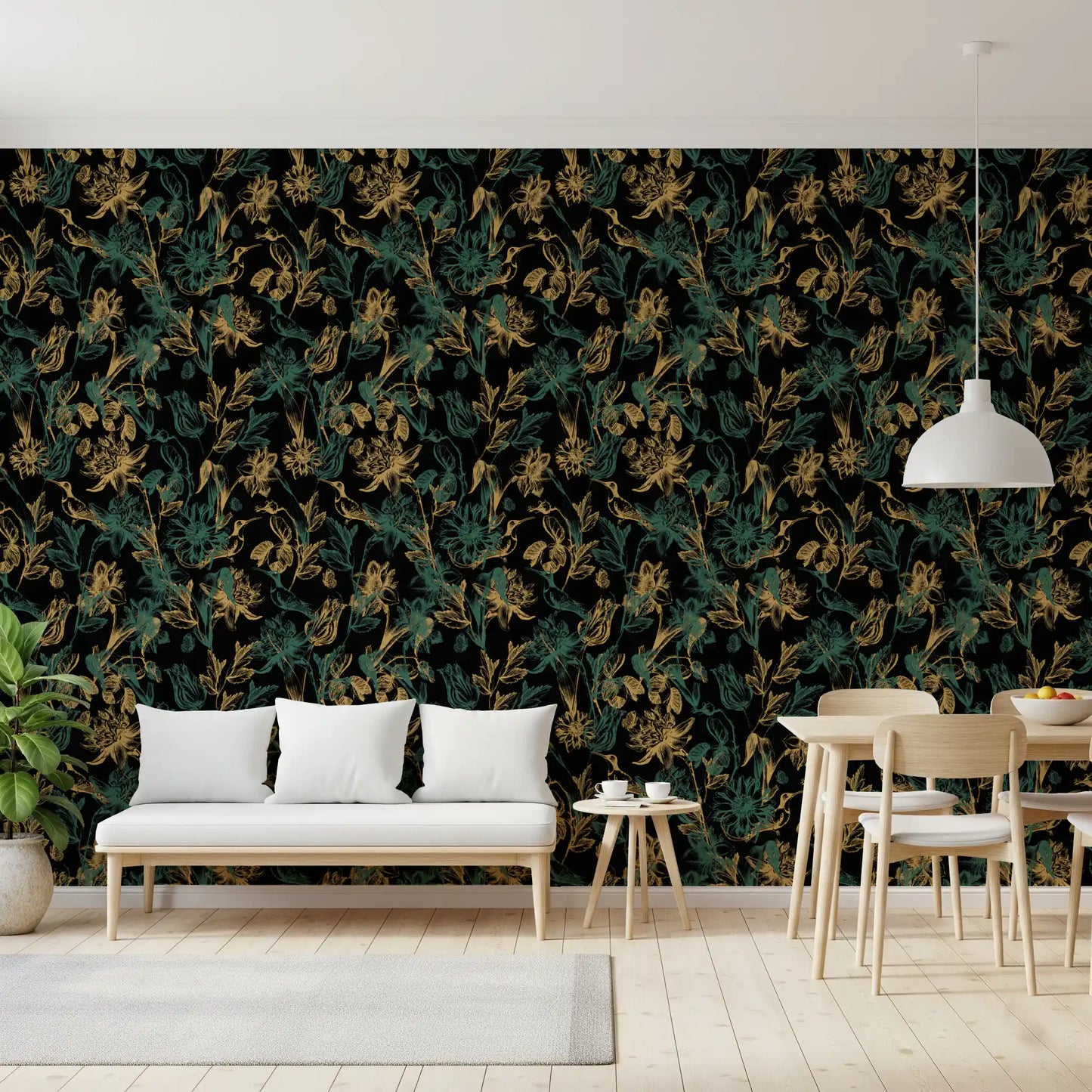 Tapete mit goldenem Laub und Kolibri-Motiv
