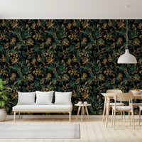 Tapete mit goldenem Laub und Kolibri-Motiv