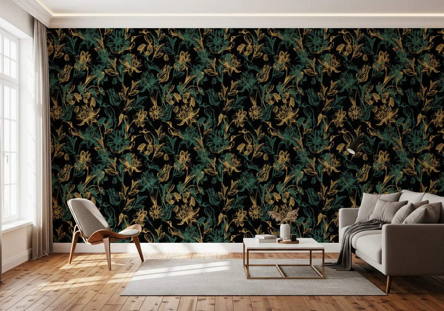 Tapete mit goldenem Laub und Kolibri-Motiv
