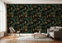 Tapete mit goldenem Laub und Kolibri-Motiv