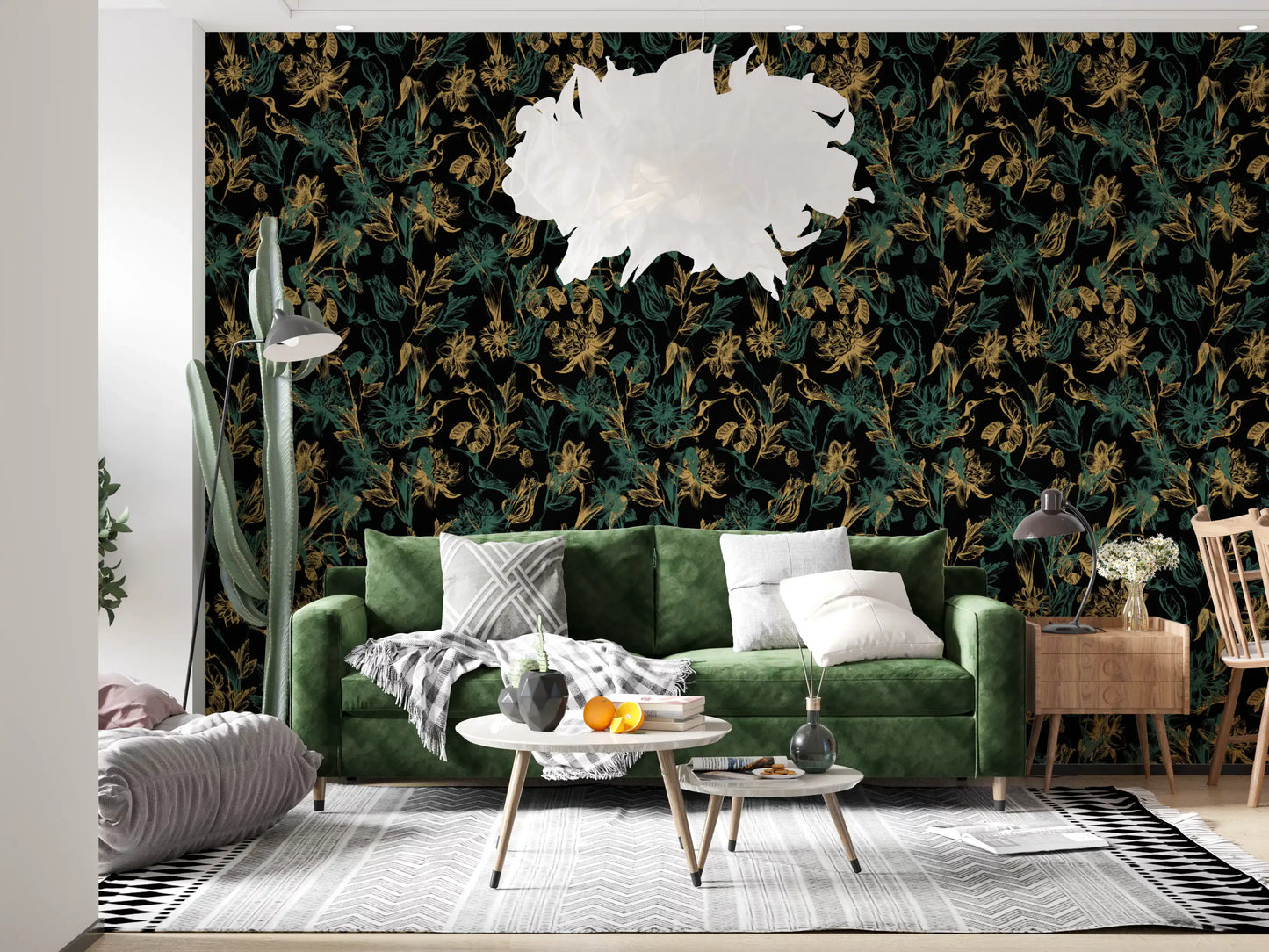 Tapete mit goldenem Laub und Kolibri-Motiv