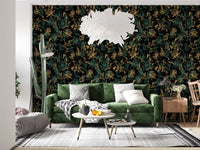 Tapete mit goldenem Laub und Kolibri-Motiv