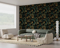 Tapete mit goldenem Laub und Kolibri-Motiv