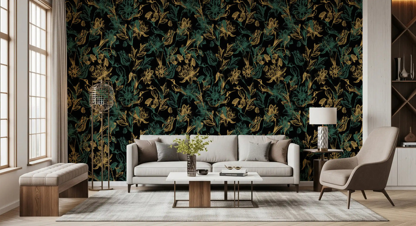 Tapete mit goldenem Laub und Kolibri-Motiv