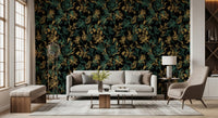 Tapete mit goldenem Laub und Kolibri-Motiv