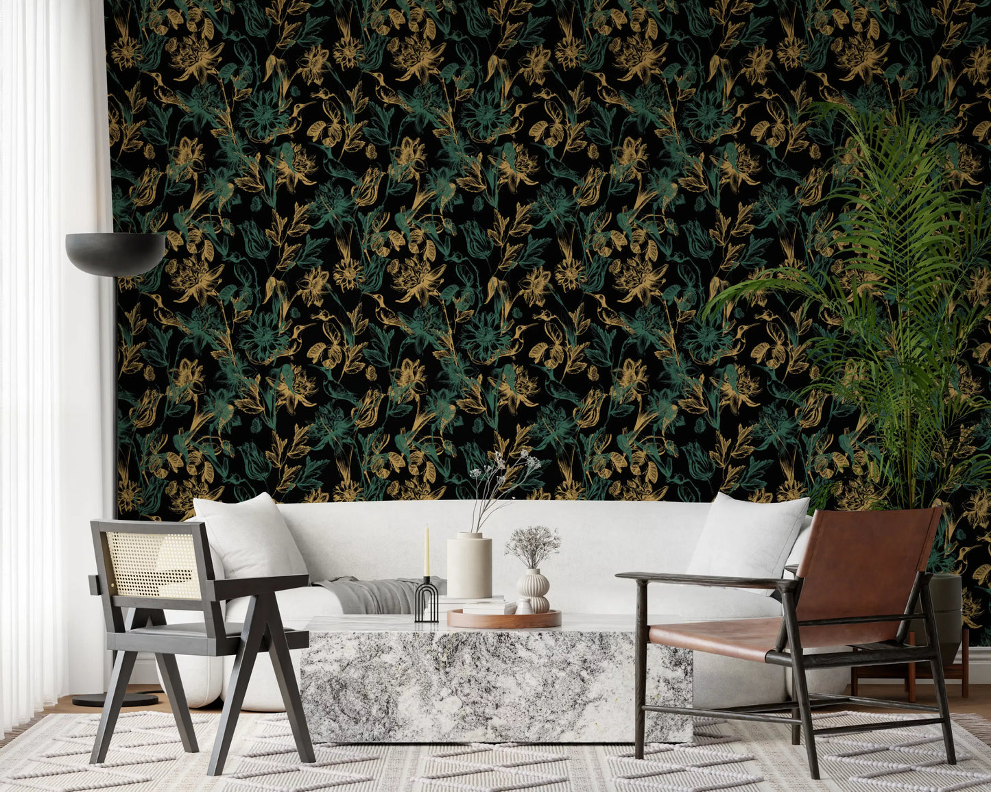 Tapete mit goldenem Laub und Kolibri-Motiv