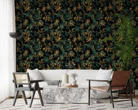 Tapete mit goldenem Laub und Kolibri-Motiv
