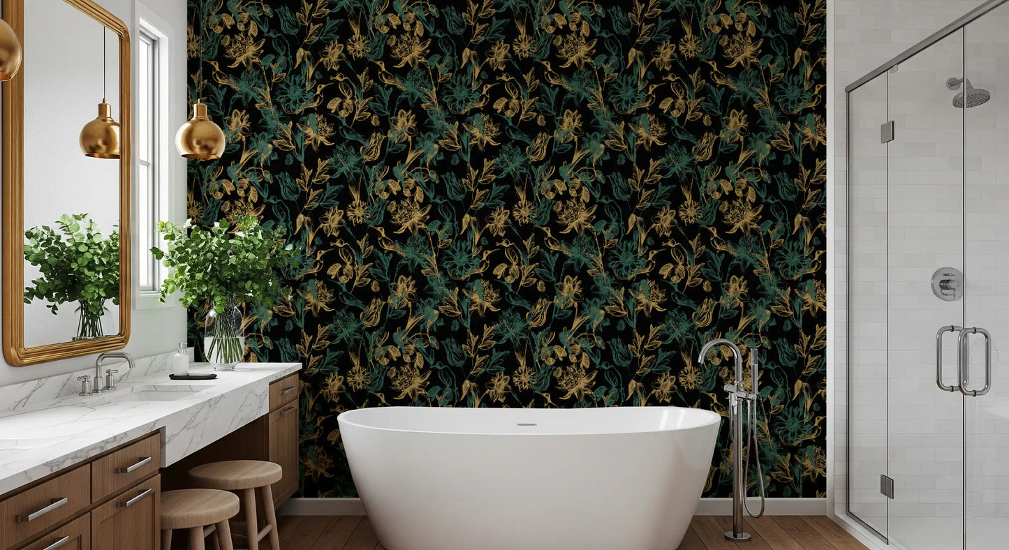 Tapete mit goldenem Laub und Kolibri-Motiv