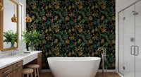 Tapete mit goldenem Laub und Kolibri-Motiv