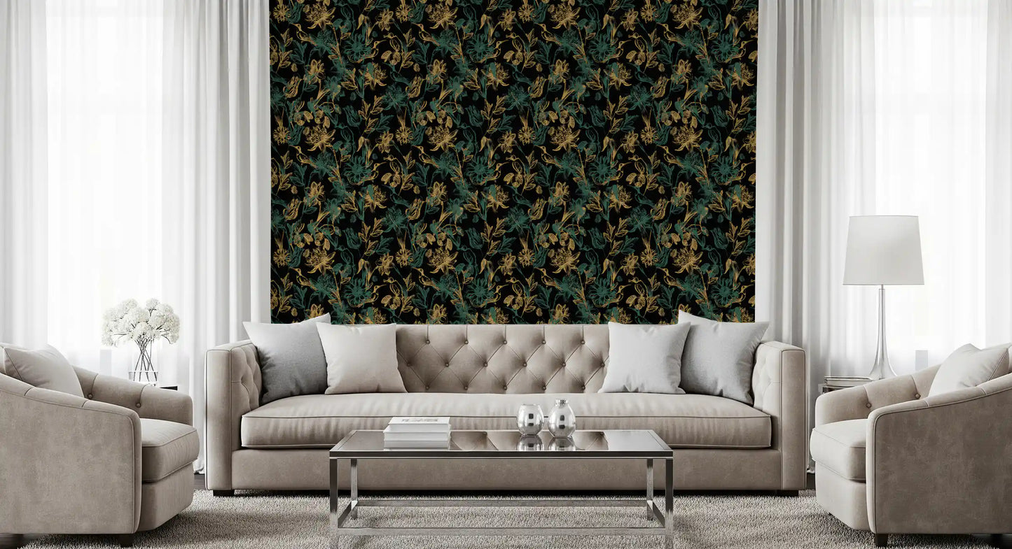 Tapete mit goldenem Laub und Kolibri-Motiv