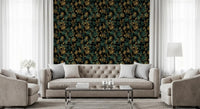 Tapete mit goldenem Laub und Kolibri-Motiv