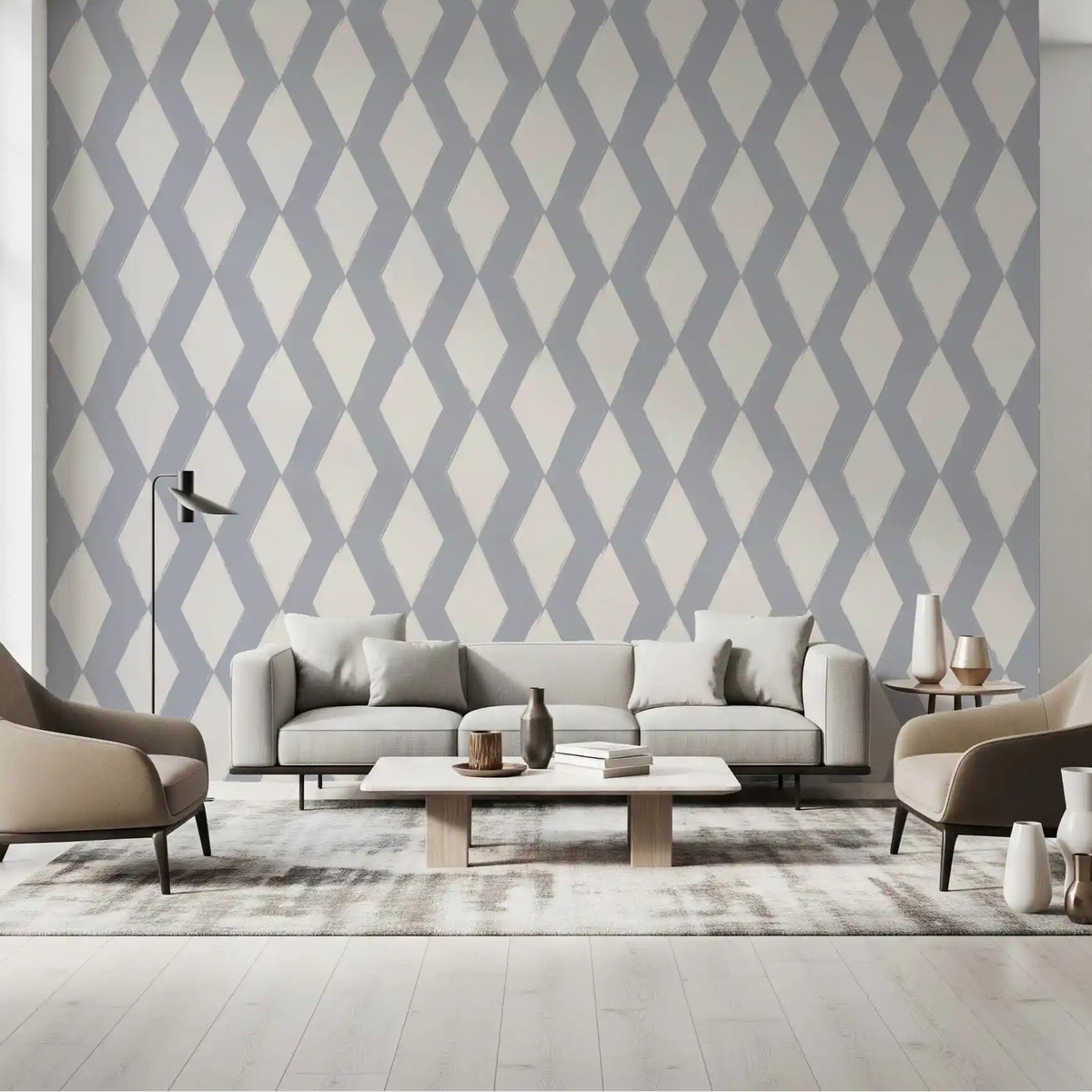 Grey Geometric Brushstroke Diamond Wallpaper frames a calm living room GD11657
