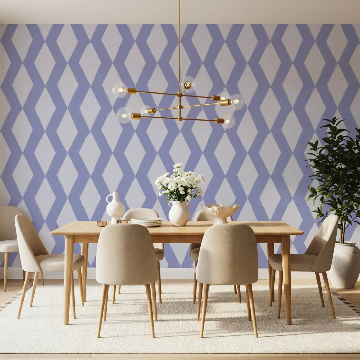 Periwinkle diamond lattice wallpaper sets a calm dining room backdrop GD11658
