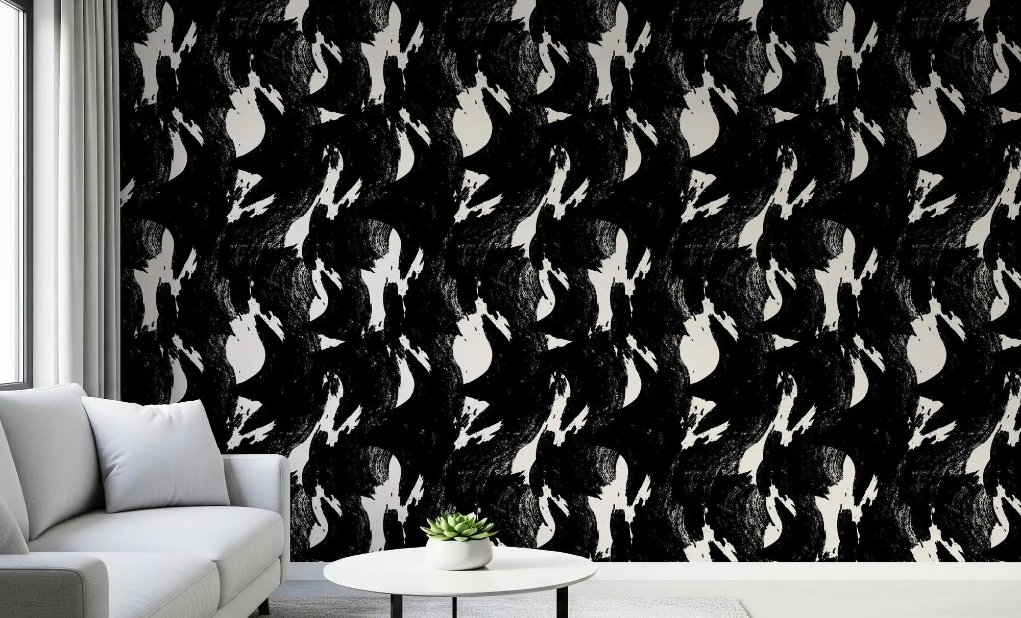 Living room styled with graphic charcoal brushwork wallpaper GD11659
